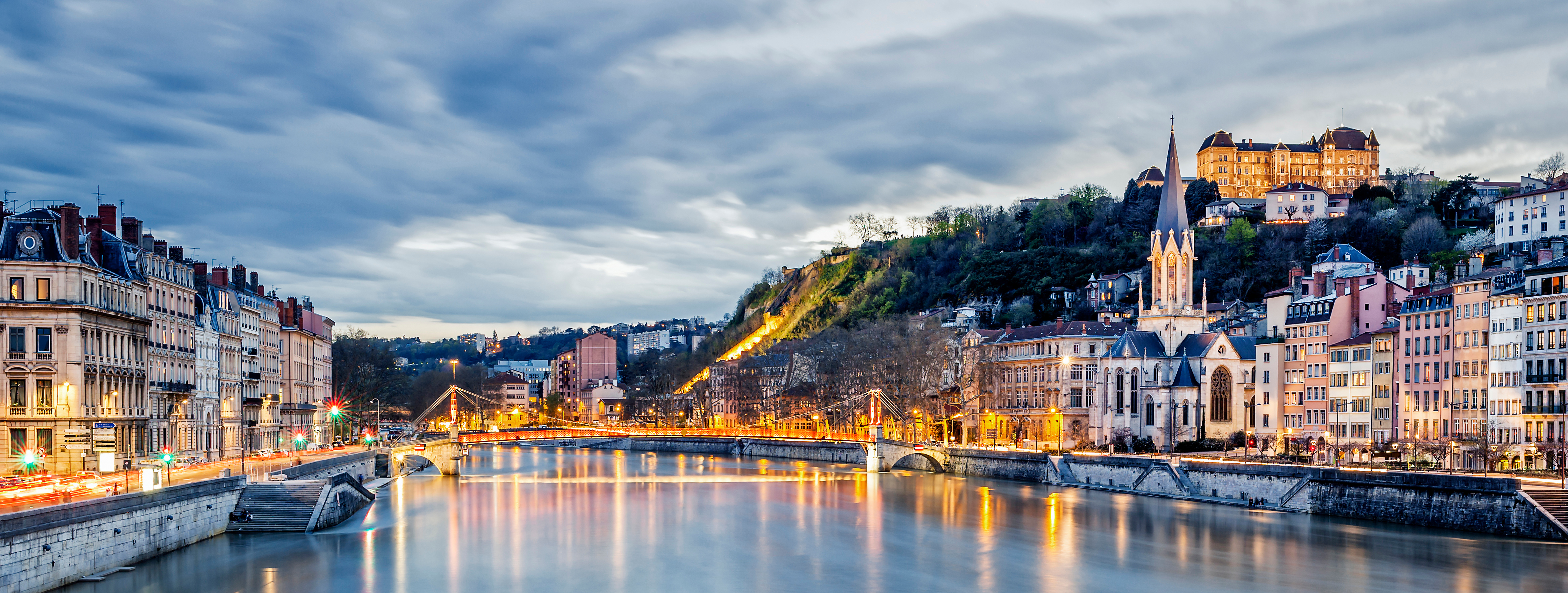 Saone river in Lyon city at evening, France