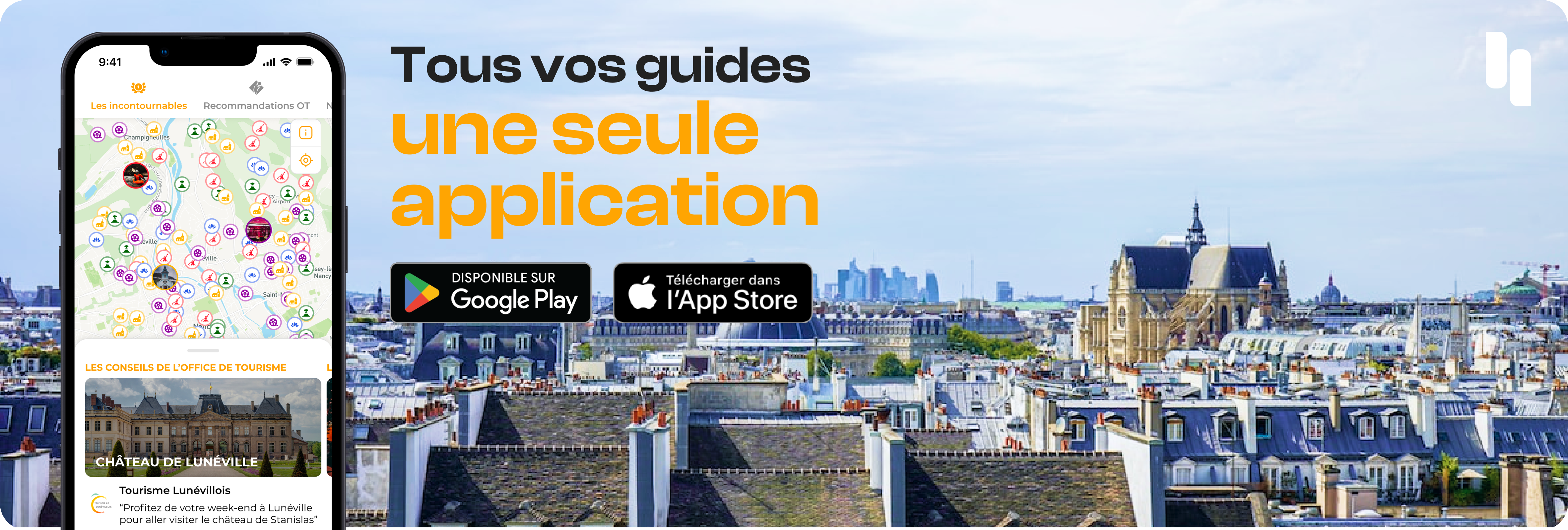 bannière pour l'application henoo avec écrit "Tous vos guides, une seule application" et une ville européenne en fond
