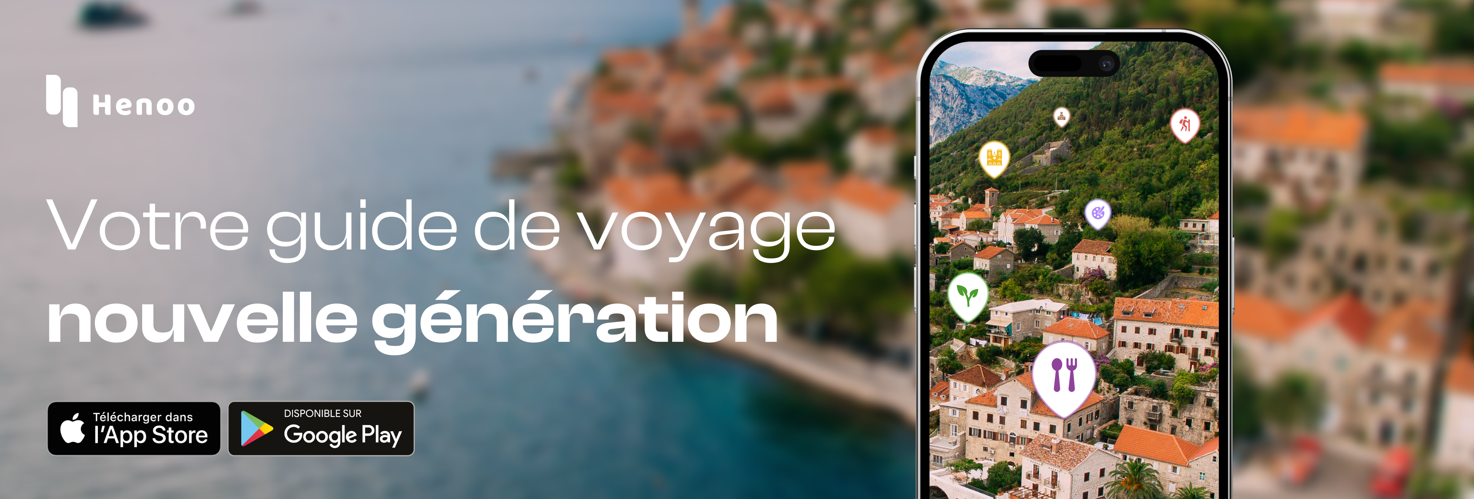 bannière pour l'application henoo avec écrit "Toutes vos activités, une seule application" et une ville européenne en fond