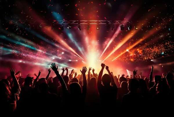 Concert crowd with colorful stage lights and confetti